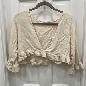 Indah Cream Ruffled Crop Top Blouse with 3/4 Sleeves Size M